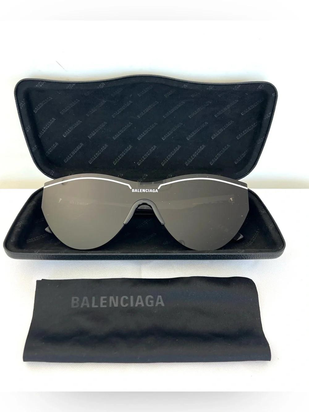BALENCIAGA BB0004SA Shield Shape Grey Lens Frame White Imprint Sunglasses NWB